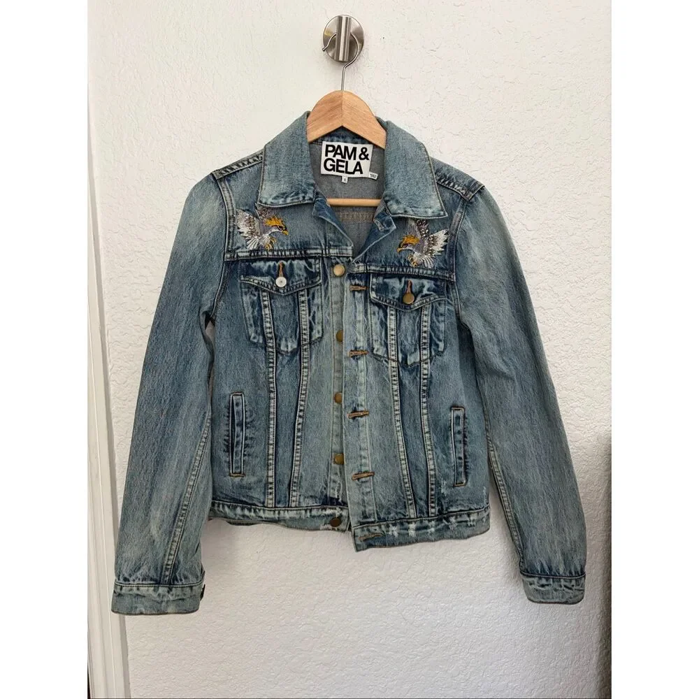 Pam & Gela Statement Embroidered Denim Jacket Vintage Blue Size S - Picture 4 of 12